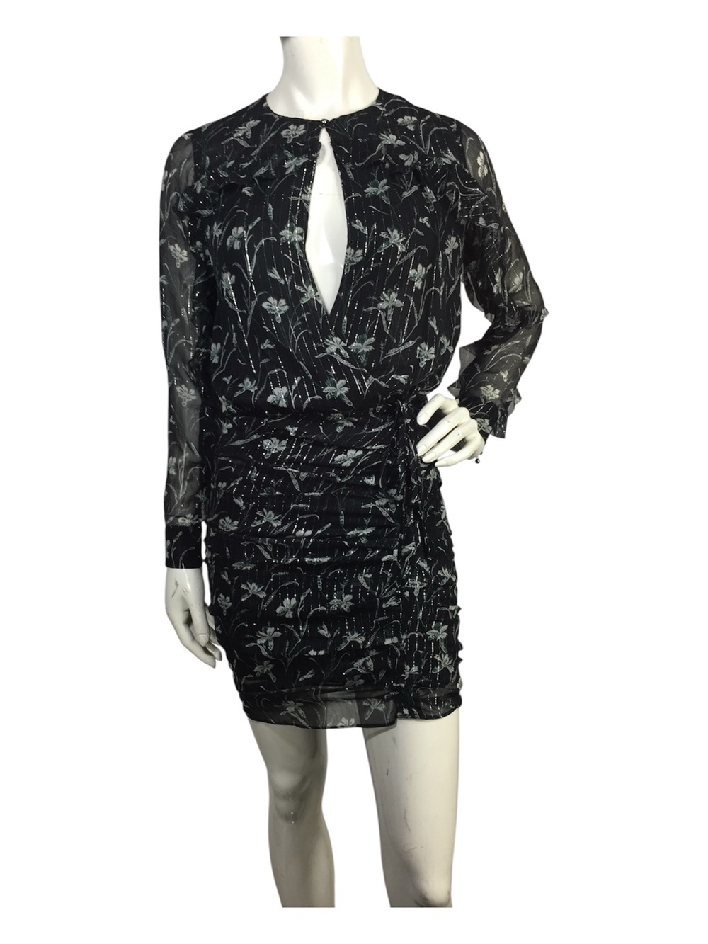 Veronica Beard Black Floral Keyhole Long-Sleeve Ruched Mini Dress